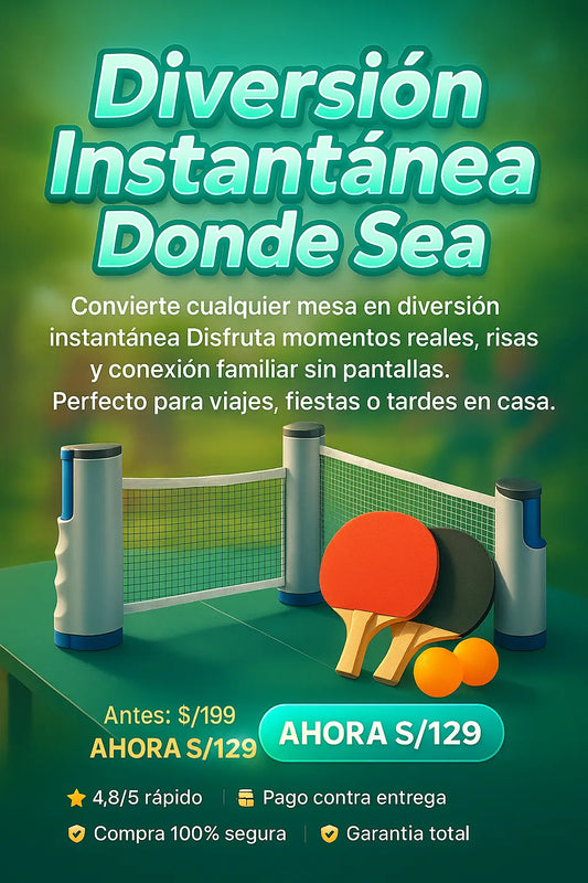 🏓 Pack Ping Pong Portátil: Malla Retráctil Adaptable + Raquetas + Pelotas